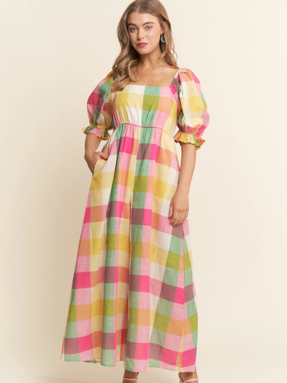 New Large Multi-color gingham plaid print Classic square neckline Puff sleeves